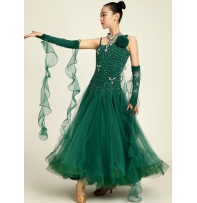 Neon orange dark green rhinestones competition women's ladies female performance long length full skirted ballroom tango waltz dancing dresses outfits